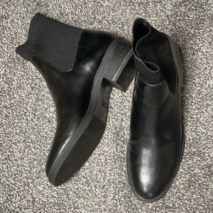 black leather Zara booties w slip on sock top and gold insert in heel